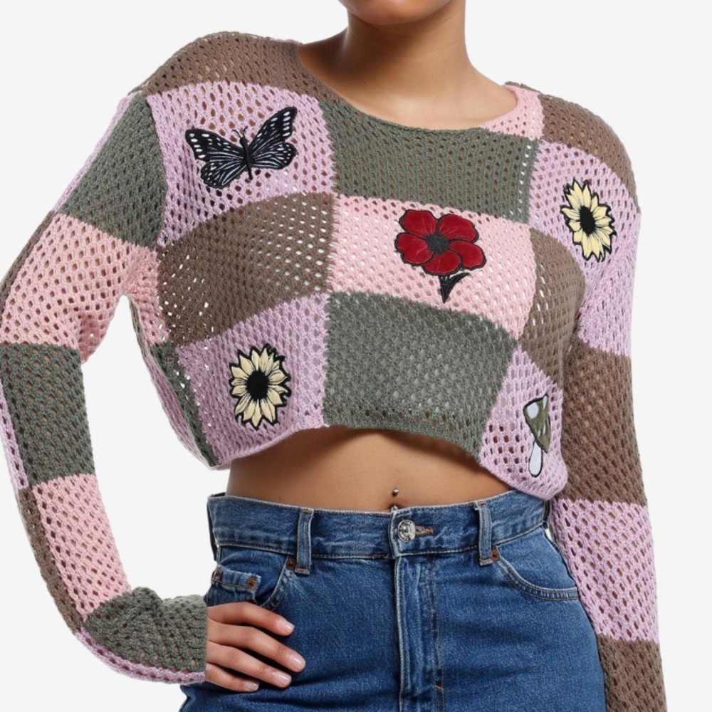 New!‎ Thorne & Fable Crochet Sweater Cropped Butterfly Mushroom Size Medium NWT